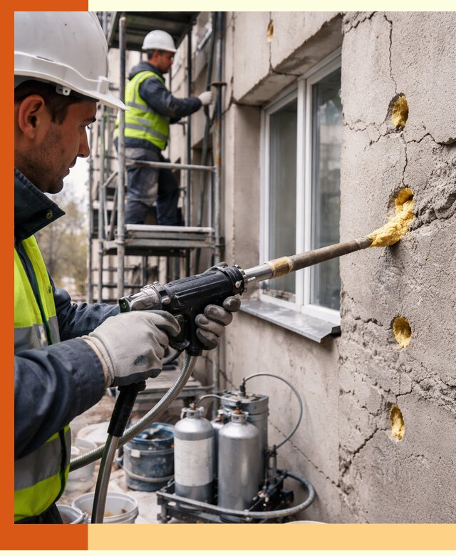 Заполнение пустот в фасаде и утепление стен в Видном